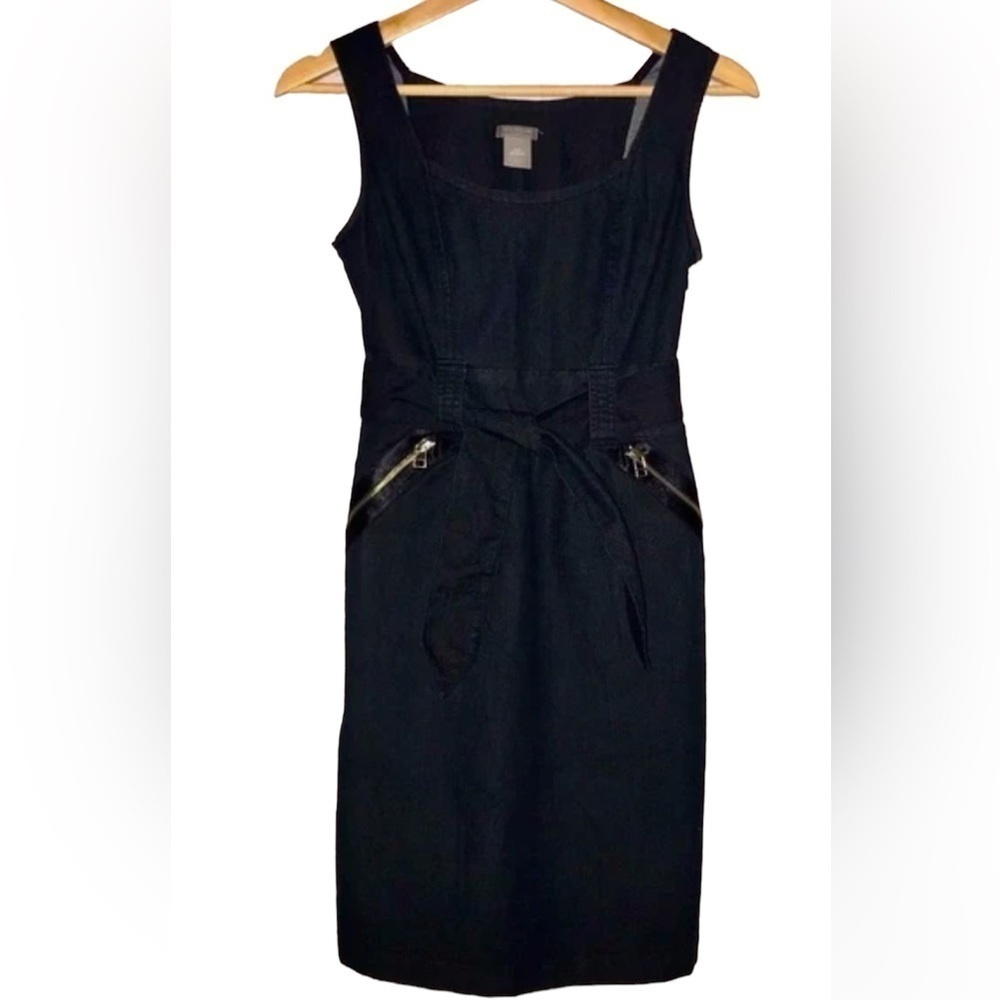 Ann Taylor denim sleeveless fabric belt pencil fit‎ denim dress fit silhouette 0